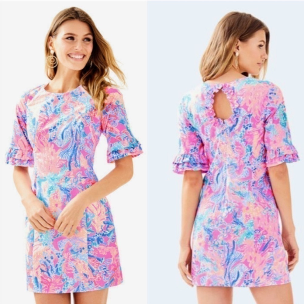 Lilly Pulitzer Fiesta Stretch Dress 00 Pink Aquadesiac Ruffle Sleeve Mini Summer
